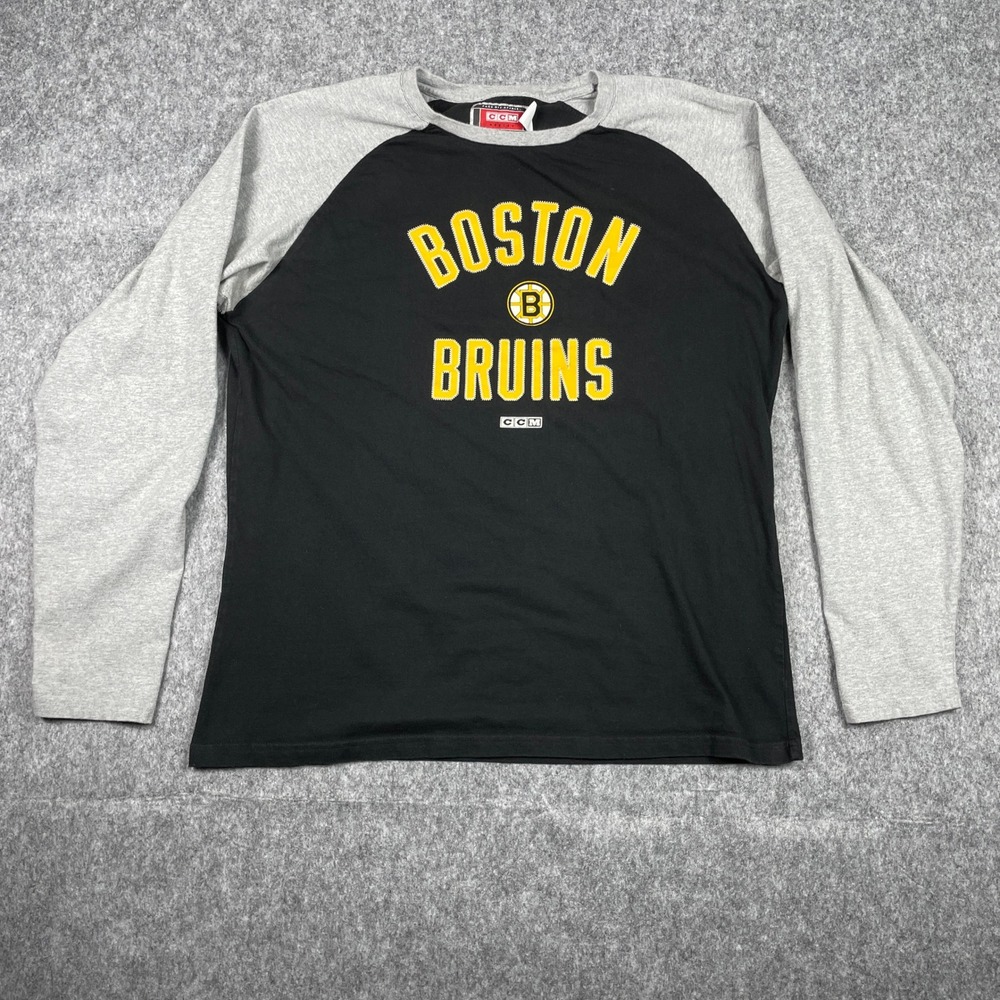 Vintage Boston Bruins Shirt Mens Large Black CCM Hockey NHL Raglan Long Sleeve
